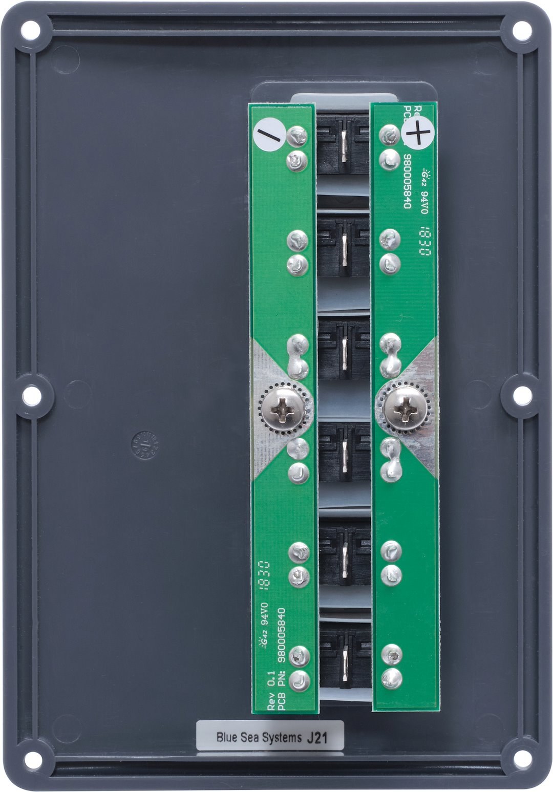 Blue Sea Systems Switch Panel, With 6 Rocker Switches, 6 Positions, 12 Volt DC, 45 Amps, Gray, With 6 Circuit Breaker/ 15 Label Set – 4322-BSS