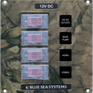 Blue Sea Systems Switch Panel, With 4 Rocker Switches, 4 Positions, 12 Volt DC, 45 Amps, Camo, With 4 Circuit Breaker/ 15 Label Set – 4323-BSS
