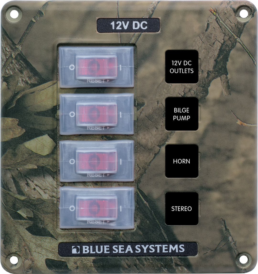 Blue Sea Systems Switch Panel, With 4 Rocker Switches, 4 Positions, 12 Volt DC, 45 Amps, Camo, With 4 Circuit Breaker/ 15 Label Set – 4323-BSS