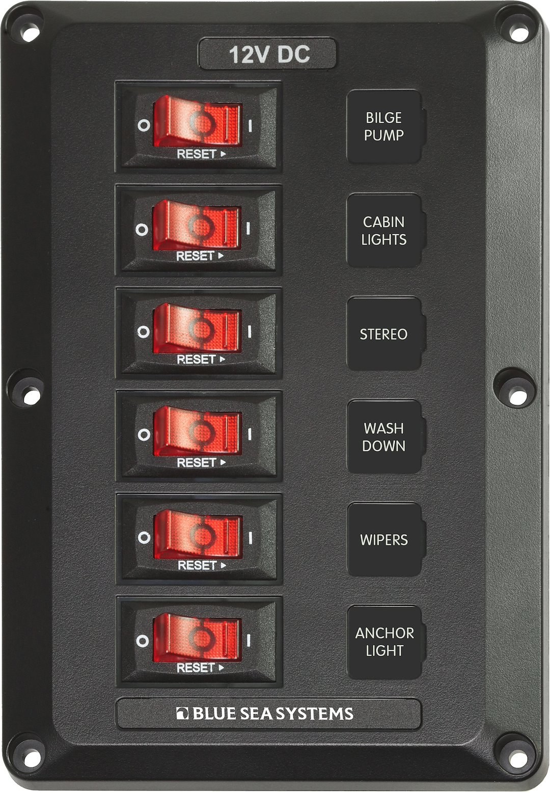Blue Sea Systems Power Distribution Box, Circuit Breaker Panel, 12 Volt DC, 45 Amp, 6 Positions, Black, Polycarbonate/ ABS – 4352-BSS