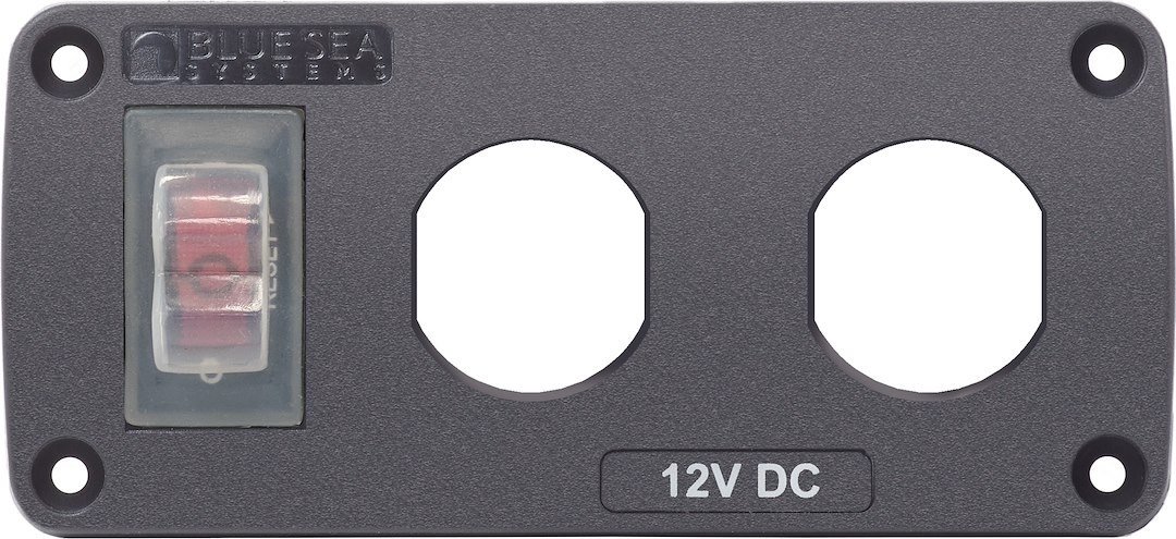 Blue Sea Systems Switch Panel, With 1 Rocker Switch, 1 Positions, 12 Volt DC, Polycarbonate/ ABS, With 1 Circuit Breaker, Two Blank Socket – 4364-BSS