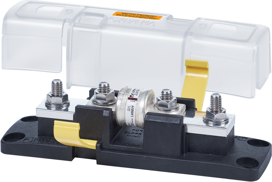 Blue Sea Systems Fuse Block, 160 Volts DC, 200 Amps, Uses Class T Fuse, With Protective Cover – 5007100-BSS