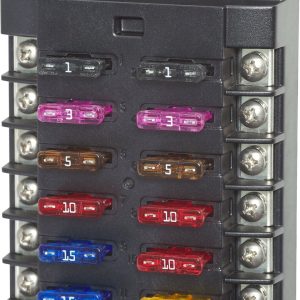 Blue Sea Systems Fuse Block, 32 Volts DC, 100 Amps Per Block/ 30 Amps Per Circuit, Uses Ato/ Atc Blade Style Fuse, With 12 Circuits – 5034-BSS