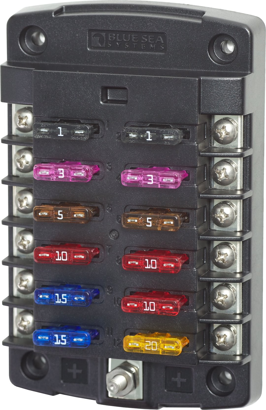 Blue Sea Systems Fuse Block, 32 Volts DC, 100 Amps Per Block/ 30 Amps Per Circuit, Uses Ato/ Atc Blade Style Fuse, With 12 Circuits – 5034-BSS