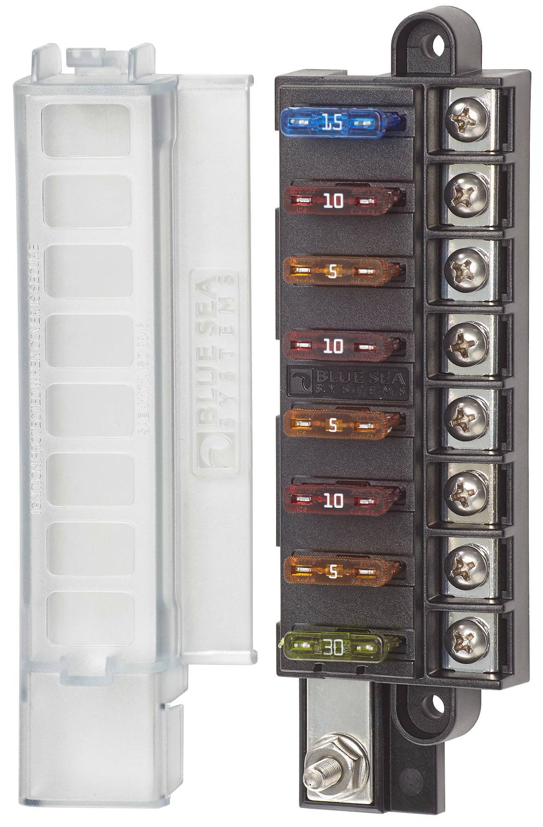 Blue Sea Systems Fuse Block, 32 Volt DC, 100 Amp Per Block/ 30 Amp Per Circuit, Uses Ato/ Atc Blade Style Fuse – 5046-BSS