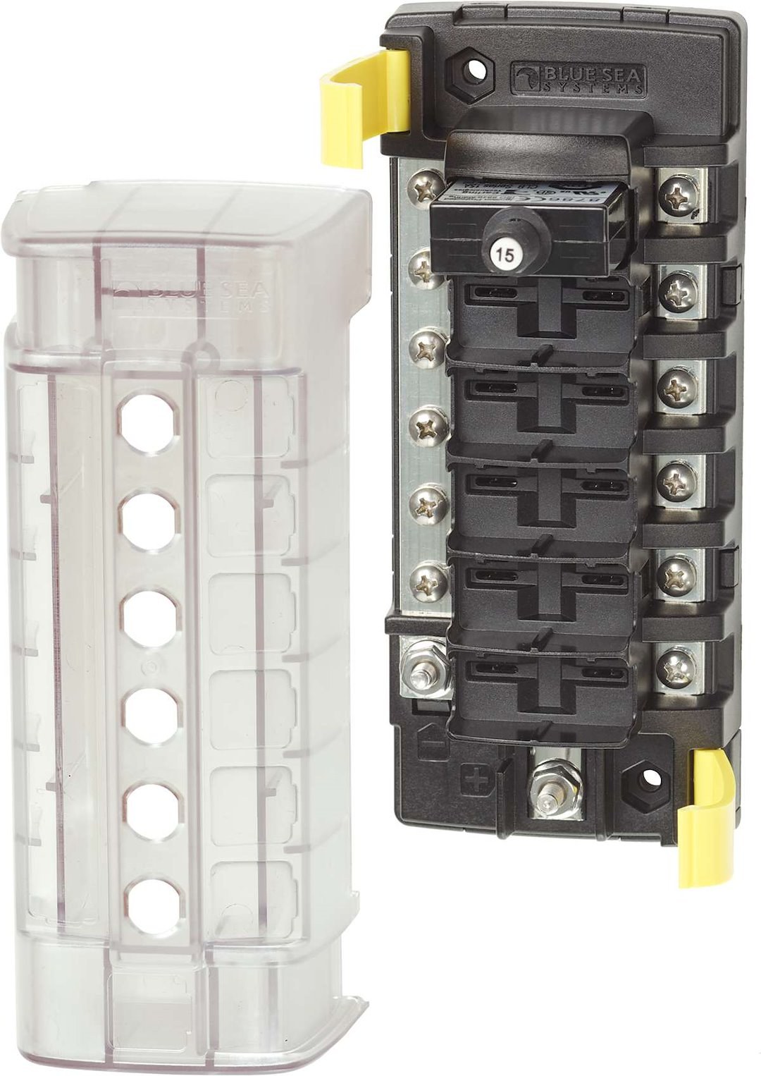 Blue Sea Systems Circuit Breaker Block, 6 Position Common Source with Ground Base – 5052-BSS