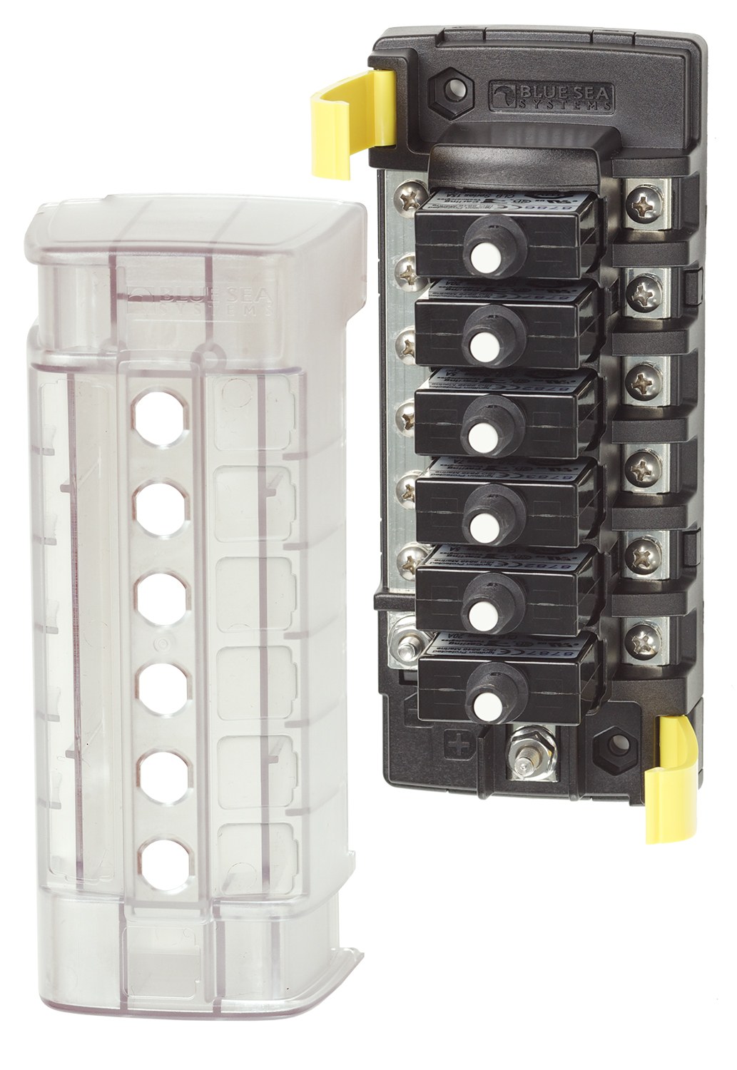 Blue Sea Systems Circuit Breaker Block, 6 Position Common Source with Ground Base – 5052-BSS