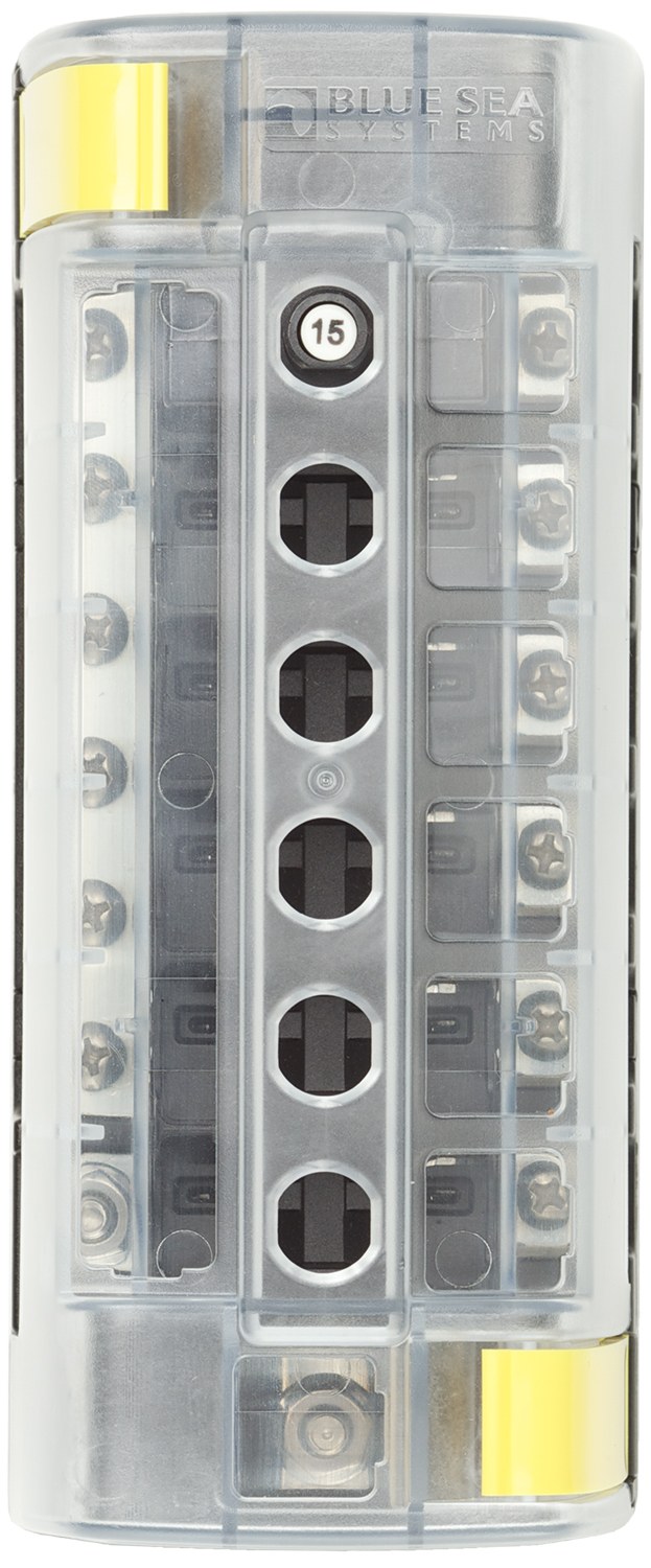 Blue Sea Systems Circuit Breaker Block, 6 Position Common Source with Ground Base – 5052-BSS