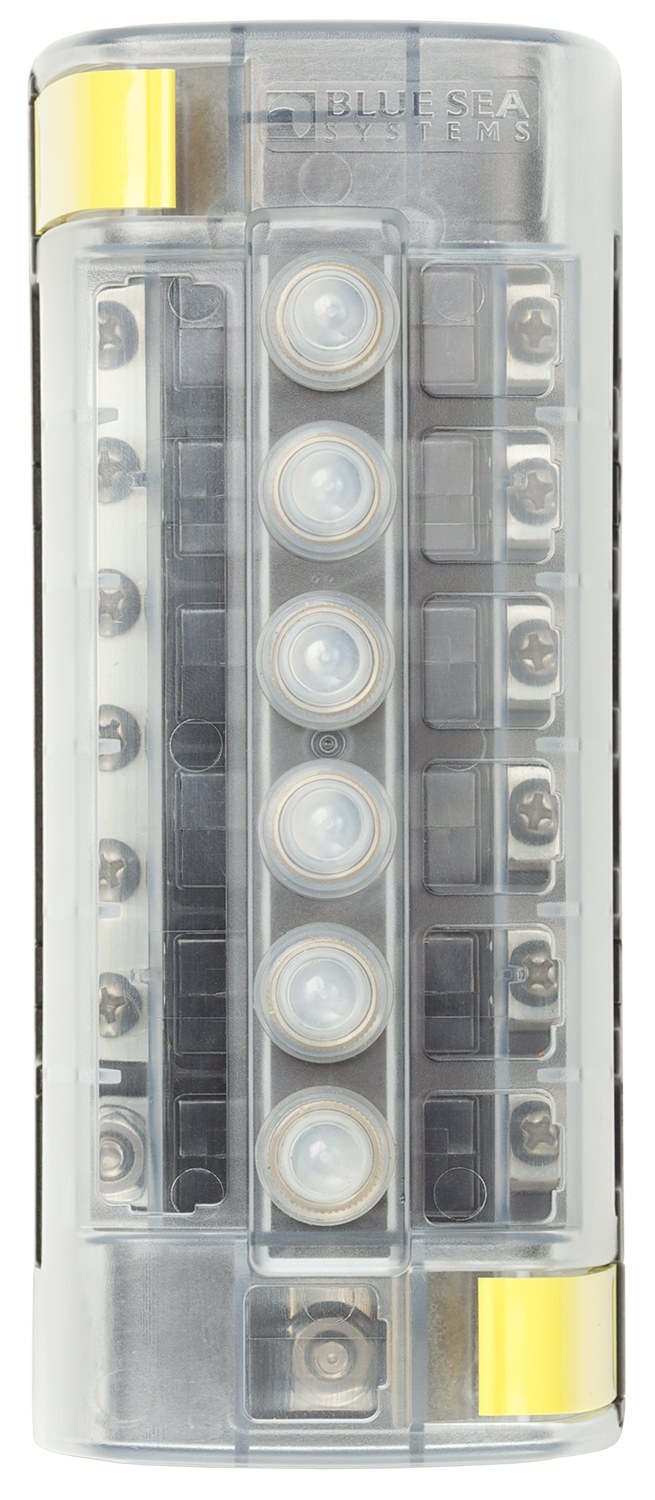 Blue Sea Systems Circuit Breaker Block, 6 Position Common Source with Ground Base – 5052-BSS