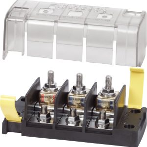 Blue Sea Systems Fuse Block, 58 Volts DC/ 240 Amps Per Circuit, Uses Three Mrbf Terminal Fuse, With Protective Cover – 5194-BSS