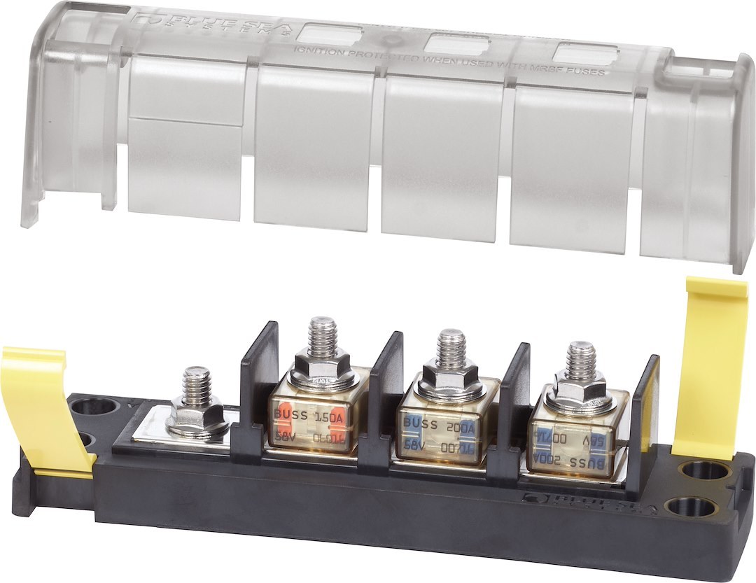 Blue Sea Systems Fuse Block, 58 Volts DC, 300 Amps Per Block/ 240 Amps Per Circuit, Uses Three Mrbf Terminal Fuse – 5196-BSS
