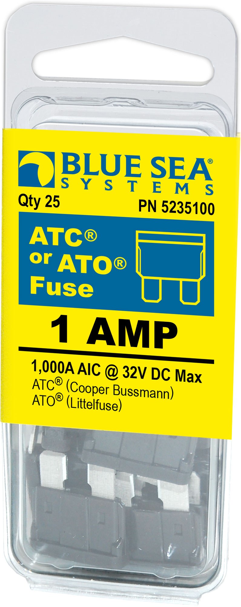 Blue Sea Systems Fuse, Blade Fuse, Ato/ Atc, 1 Amps/ 32 Volts DC, Pack of 25 – 5235100-BSS
