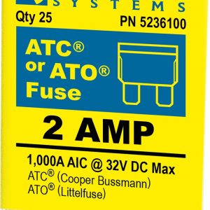 Blue Sea Systems Fuse, Blade Fuse, Ato/ Atc, 2 Amps/ 32 Volts DC, Pack of 25 – 5236100-BSS