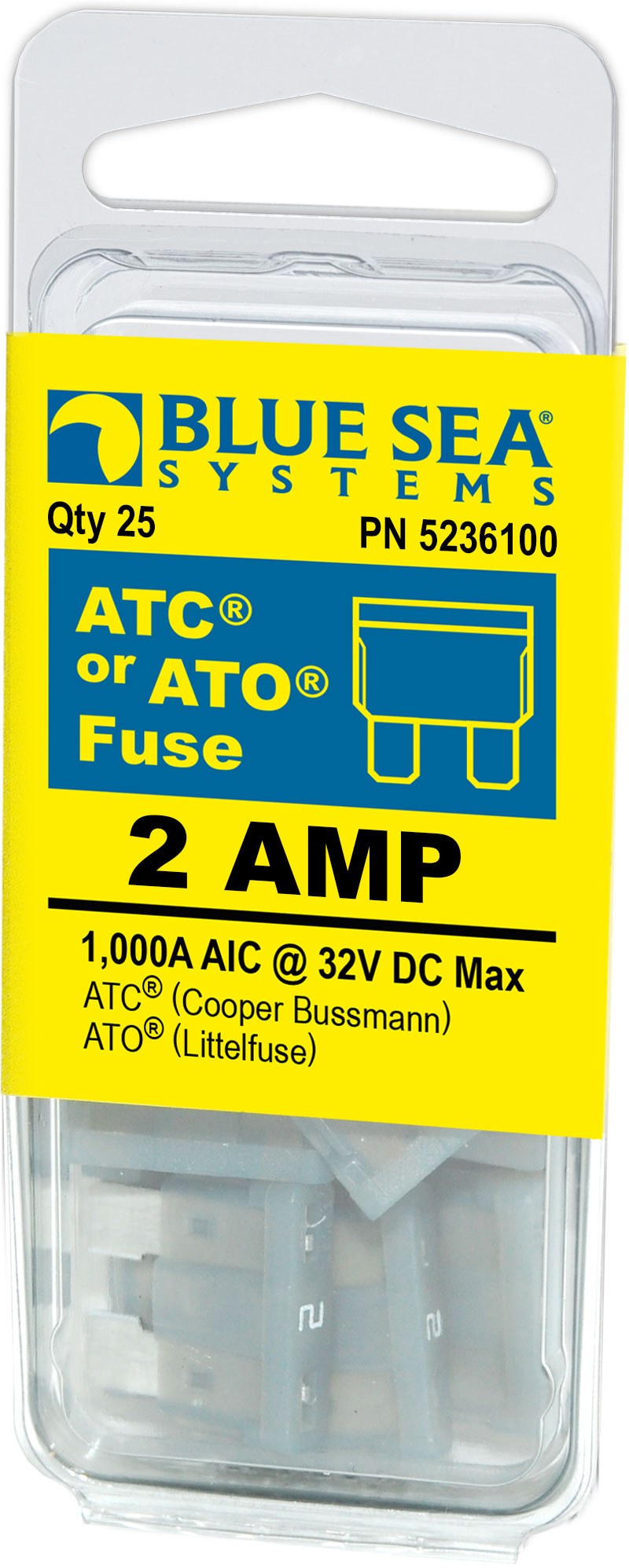 Blue Sea Systems Fuse, Blade Fuse, Ato/ Atc, 2 Amps/ 32 Volts DC, Pack of 25 – 5236100-BSS