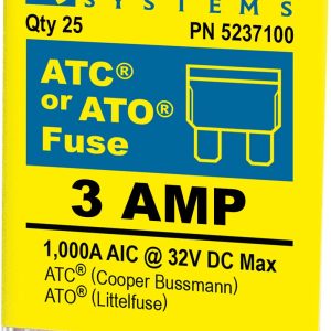 Blue Sea Systems Fuse, Blade Fuse, Ato/ Atc, 3 Amps/ 32 Volts DC, Pack of 25 – 5237100-BSS