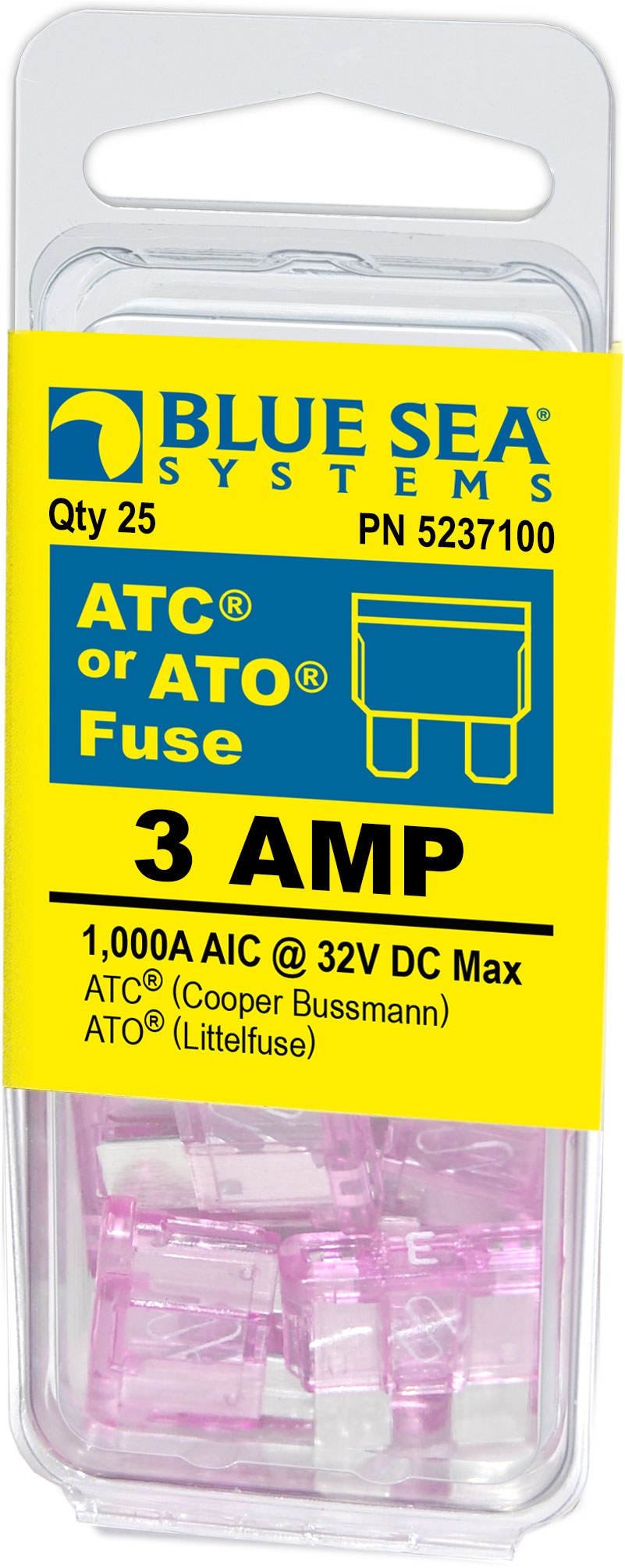 Blue Sea Systems Fuse, Blade Fuse, Ato/ Atc, 3 Amps/ 32 Volts DC, Pack of 25 – 5237100-BSS
