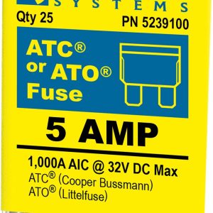 Blue Sea Systems Fuse, Blade Fuse, Ato/ Atc, 5 Amps/ 32 Volts DC, Pack of 25 – 5239100-BSS