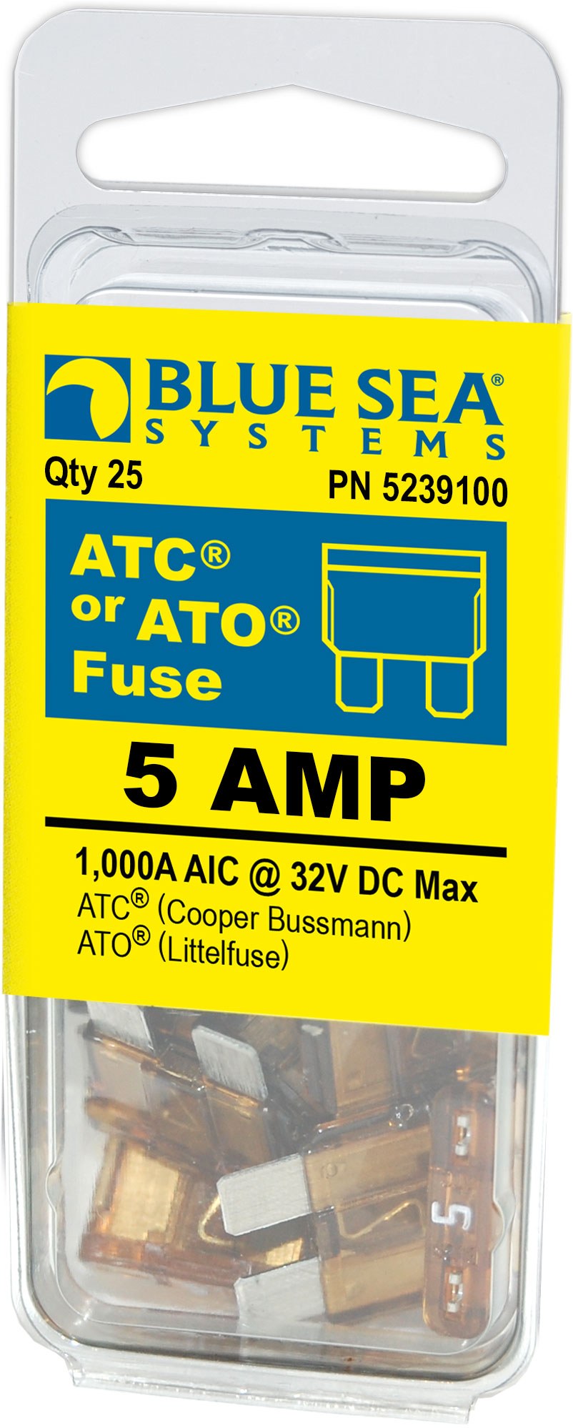 Blue Sea Systems Fuse, Blade Fuse, Ato/ Atc, 5 Amps/ 32 Volts DC, Pack of 25 – 5239100-BSS