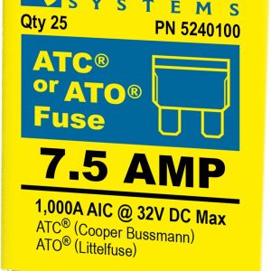 Blue Sea Systems Fuse, Blade Fuse, Ato/ Atc, 7.5 Amps/ 32 Volts DC, Pack of 25 – 5240100-BSS