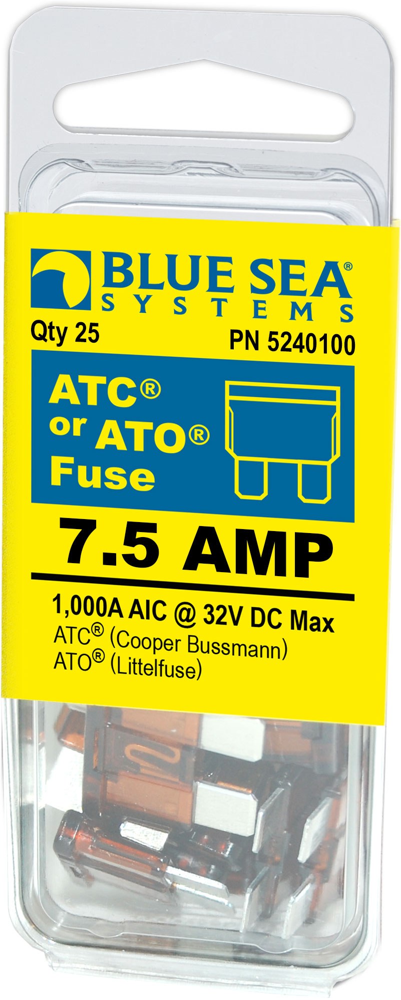 Blue Sea Systems Fuse, Blade Fuse, Ato/ Atc, 7.5 Amps/ 32 Volts DC, Pack of 25 – 5240100-BSS