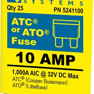 Blue Sea Systems Fuse, Blade Fuse, Ato/ Atc, 10 Amps/ 32 Volts DC, Pack of 25 – 5241100-BSS