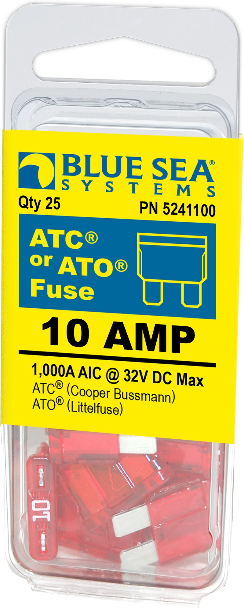 Blue Sea Systems Fuse, Blade Fuse, Ato/ Atc, 10 Amps/ 32 Volts DC, Pack of 25 – 5241100-BSS
