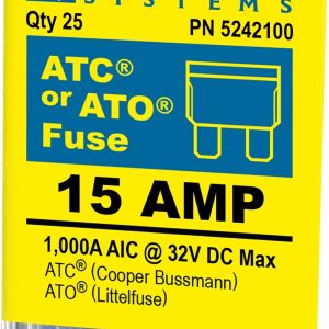 Blue Sea Systems Fuse, Blade Fuse, Ato/ Atc, 15 Amps/ 32 Volts DC, Pack of 25 – 5242100-BSS