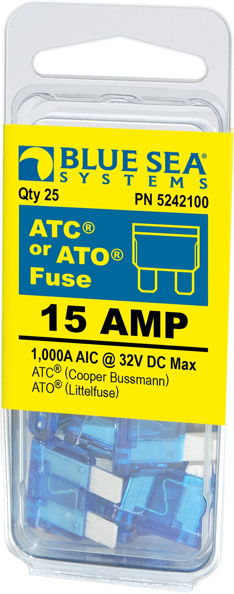 Blue Sea Systems Fuse, Blade Fuse, Ato/ Atc, 15 Amps/ 32 Volts DC, Pack of 25 – 5242100-BSS