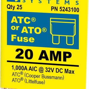 Blue Sea Systems Fuse, Blade Fuse, Ato/ Atc, 20 Amps/ 32 Volts DC, Pack of 25 – 5243100-BSS