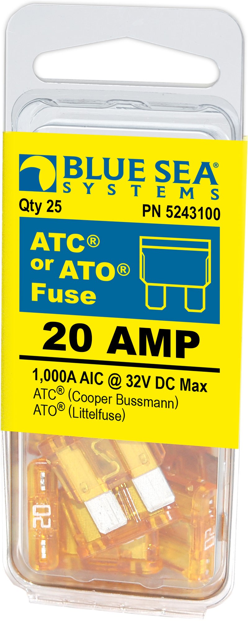 Blue Sea Systems Fuse, Blade Fuse, Ato/ Atc, 20 Amps/ 32 Volts DC, Pack of 25 – 5243100-BSS