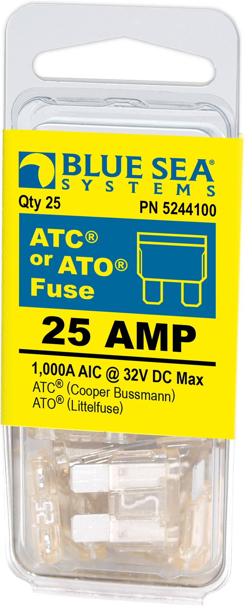 Blue Sea Systems Fuse, Blade Fuse, Ato/ Atc, 25 Amps/ 32 Volts DC, Pack of 25 – 5244100-BSS