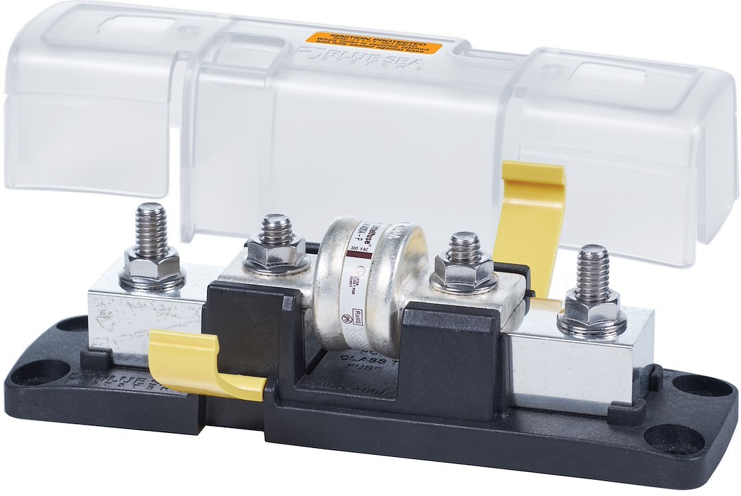 Blue Sea Systems Fuse Block, 160 Volt DC/ 225 to 400 Ampere, Uses Class T Bolt-On Fuse, With Protective Cover – 5502100-BSS