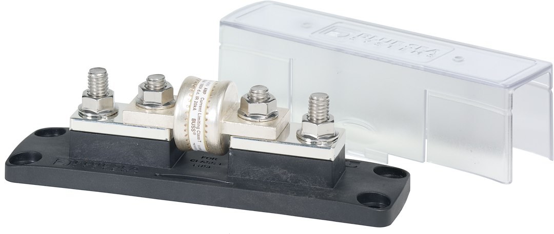 Blue Sea Systems Fuse Block, 160 Volts DC, 400 Amps, Uses Class T Fuse, With Protective Cover and 8 Write-On Circuit Labels – 5502-BSS