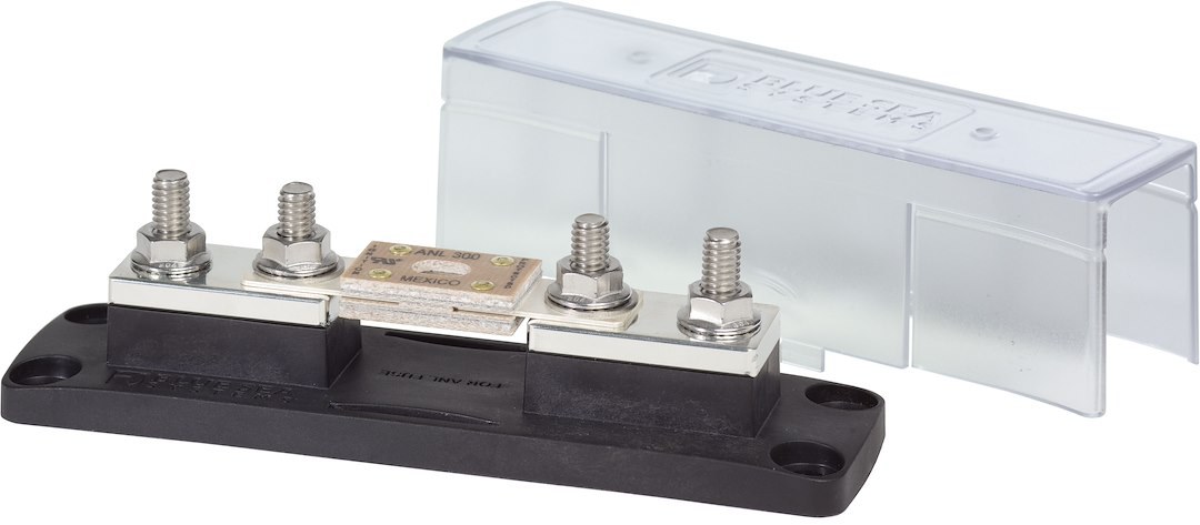 Blue Sea Systems Fuse Block, 32 Volts DC, 750 Amps, Uses Anl Fuse, With Protective Cover and 8 Write-On Circuit Labels, Swing Out Design – 5503-BSS