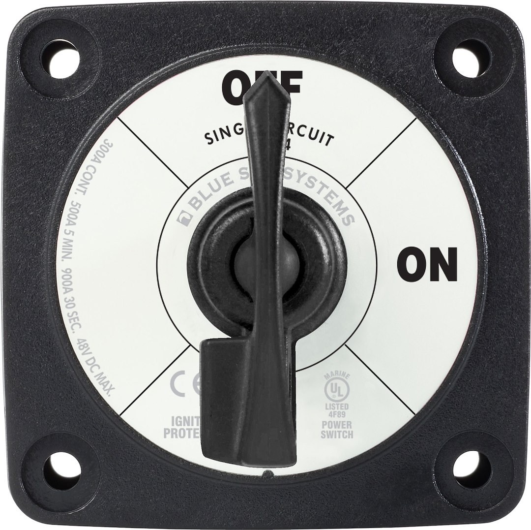 Blue Sea Systems Battery Disconnect Switch, 48 Volts DC, Single Circuit On-Off, 300 Amps, Black, With Key – 6004200