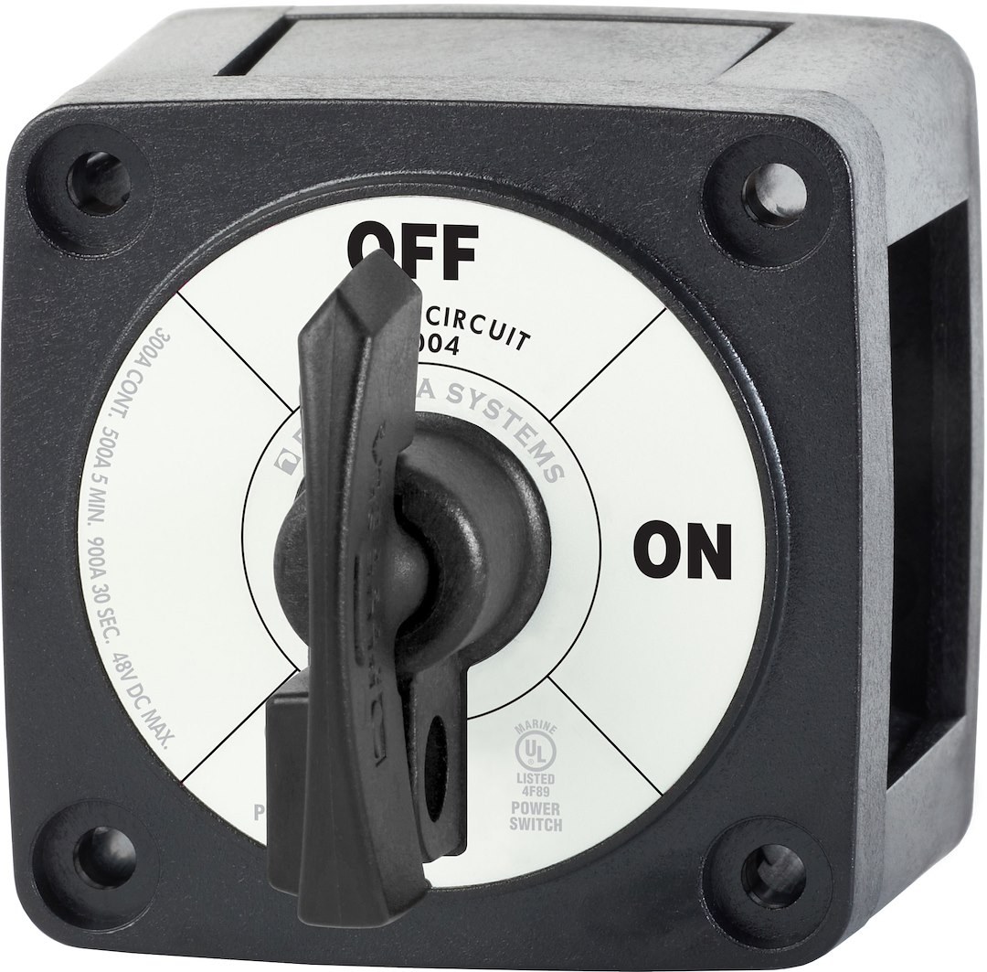Blue Sea Systems Battery Disconnect Switch, 48 Volts DC, Single Circuit On-Off, 300 Amps, Black, With Key, Tinned Copper Stud – 6004200-BSS