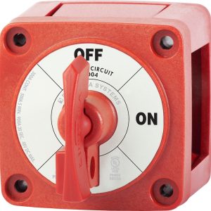 Blue Sea Systems Battery Disconnect Switch, 48 Volts DC, Single Circuit On-Off, 300 Amps, Red, With Key, Tinned Copper Stud – 6004-BSS