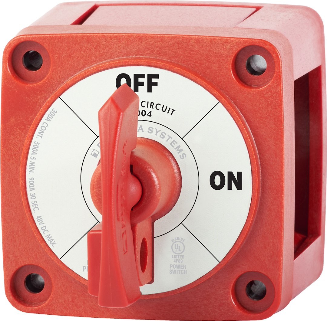 Blue Sea Systems Battery Disconnect Switch, 48 Volts DC, Single Circuit On-Off, 300 Amps, Red, With Key, Tinned Copper Stud – 6004-BSS