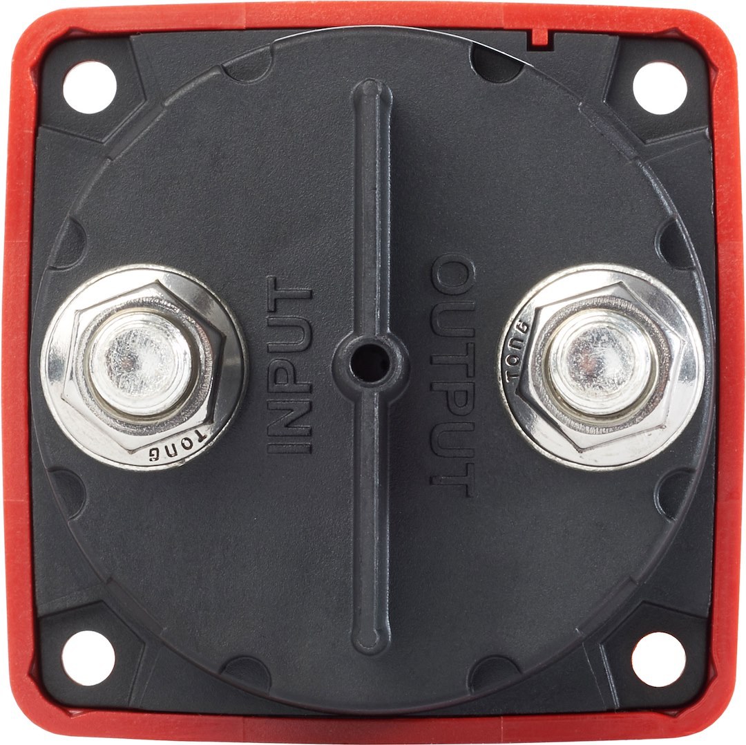 Blue Sea Systems Battery Disconnect Switch, 48 Volts DC, Single Circuit On-Off, 300 Amps, Red, With Key, Tinned Copper Stud – 6004-BSS