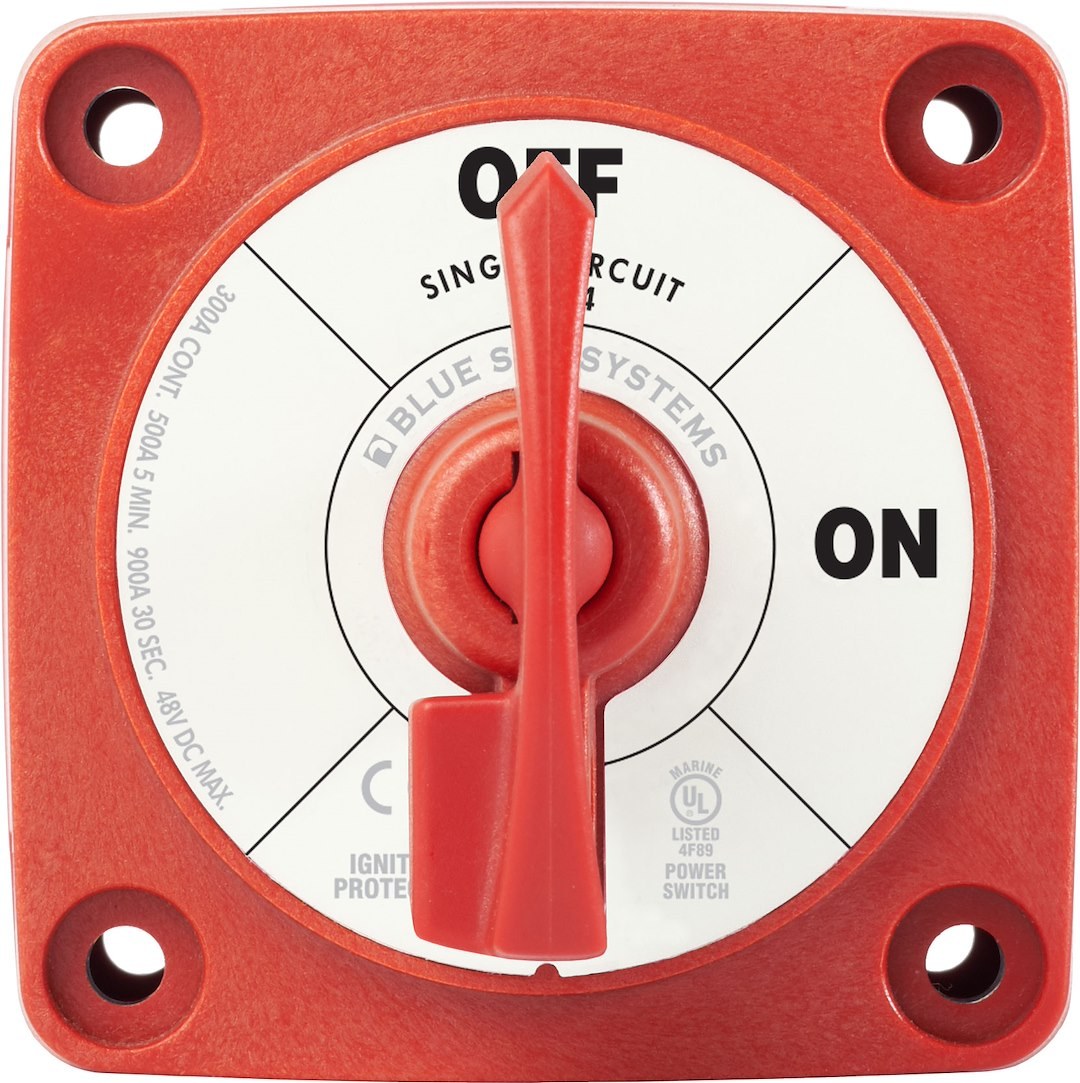 Blue Sea Systems Battery Disconnect Switch, 48 Volts DC, Single Circuit On-Off, 300 Amps, Red, With Key, Tinned Copper Stud – 6004-BSS