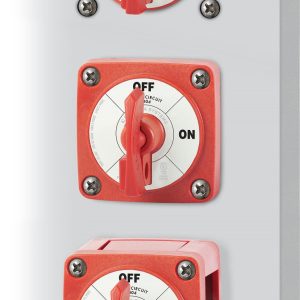 Blue Sea Systems Battery Disconnect Switch, 48 Volts DC, Single Circuit On-Off, 300 Amps, Red, With Key, Tinned Copper Stud – 6004-BSS