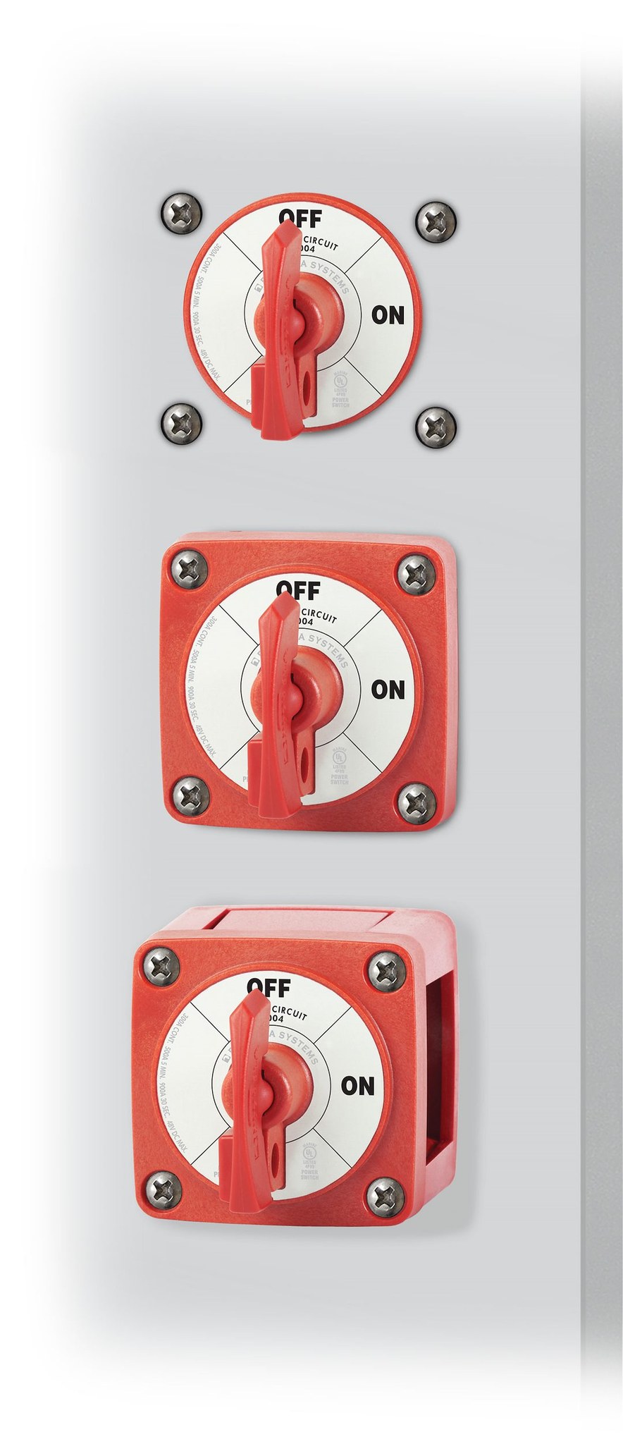 Blue Sea Systems Battery Disconnect Switch, 48 Volts DC, Single Circuit On-Off, 300 Amps, Red, With Key, Tinned Copper Stud – 6004-BSS