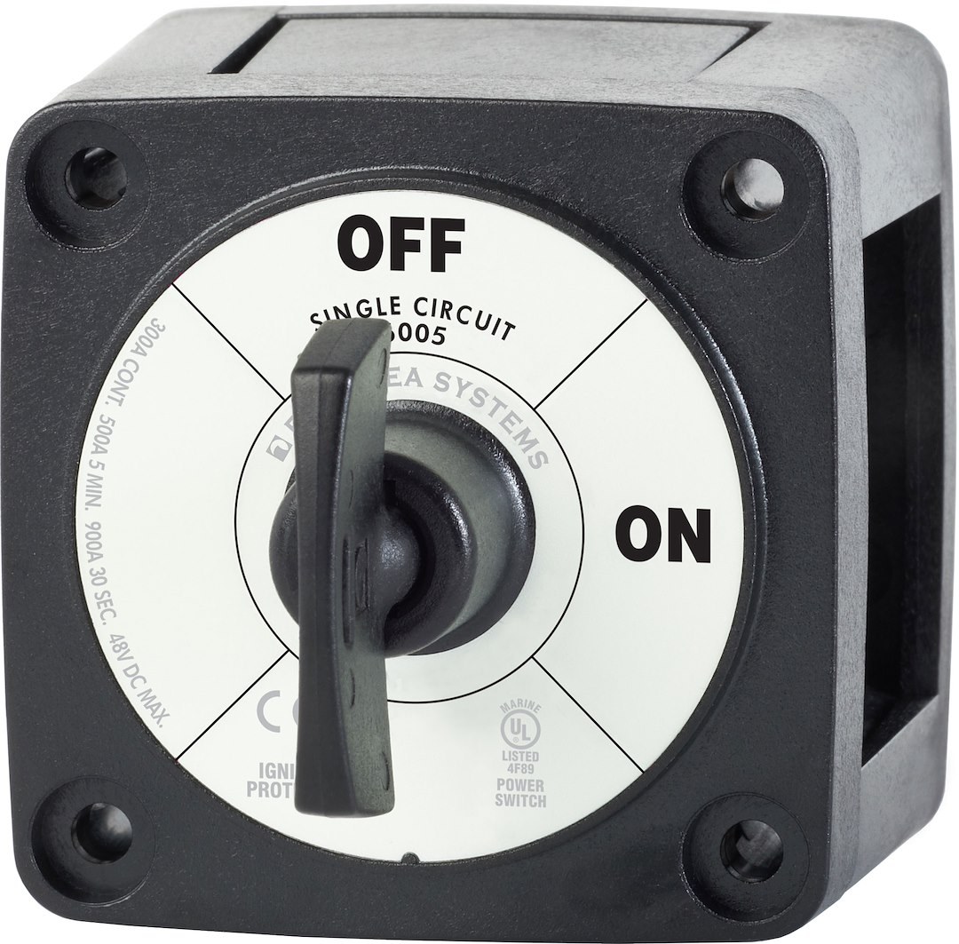 Blue Sea Systems Battery Disconnect Switch, M Series, 48 Volts DC, Single Circuit On-Off, 300 Amps, Black, With Key, Tinned Copper Stud – 6005200-BSS
