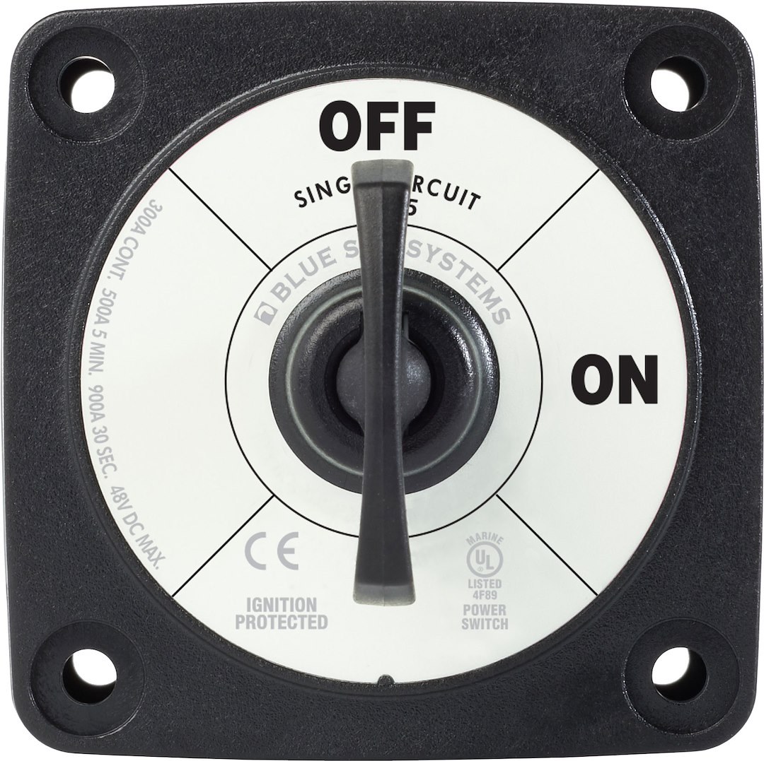 Blue Sea Systems Battery Disconnect Switch, M Series, 48 Volts DC, Single Circuit On-Off, 300 Amps, Black, With Key, Tinned Copper Stud – 6005200-BSS
