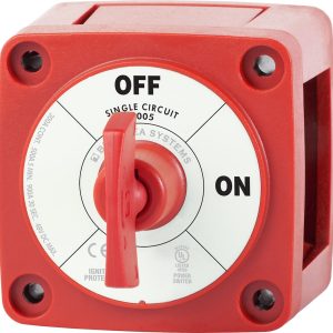 Blue Sea Systems Battery Disconnect Switch, 48 Volts DC, Single Circuit On-Off, 300 Amps, Red, With Key, Isolating Cover – 6005-BSS