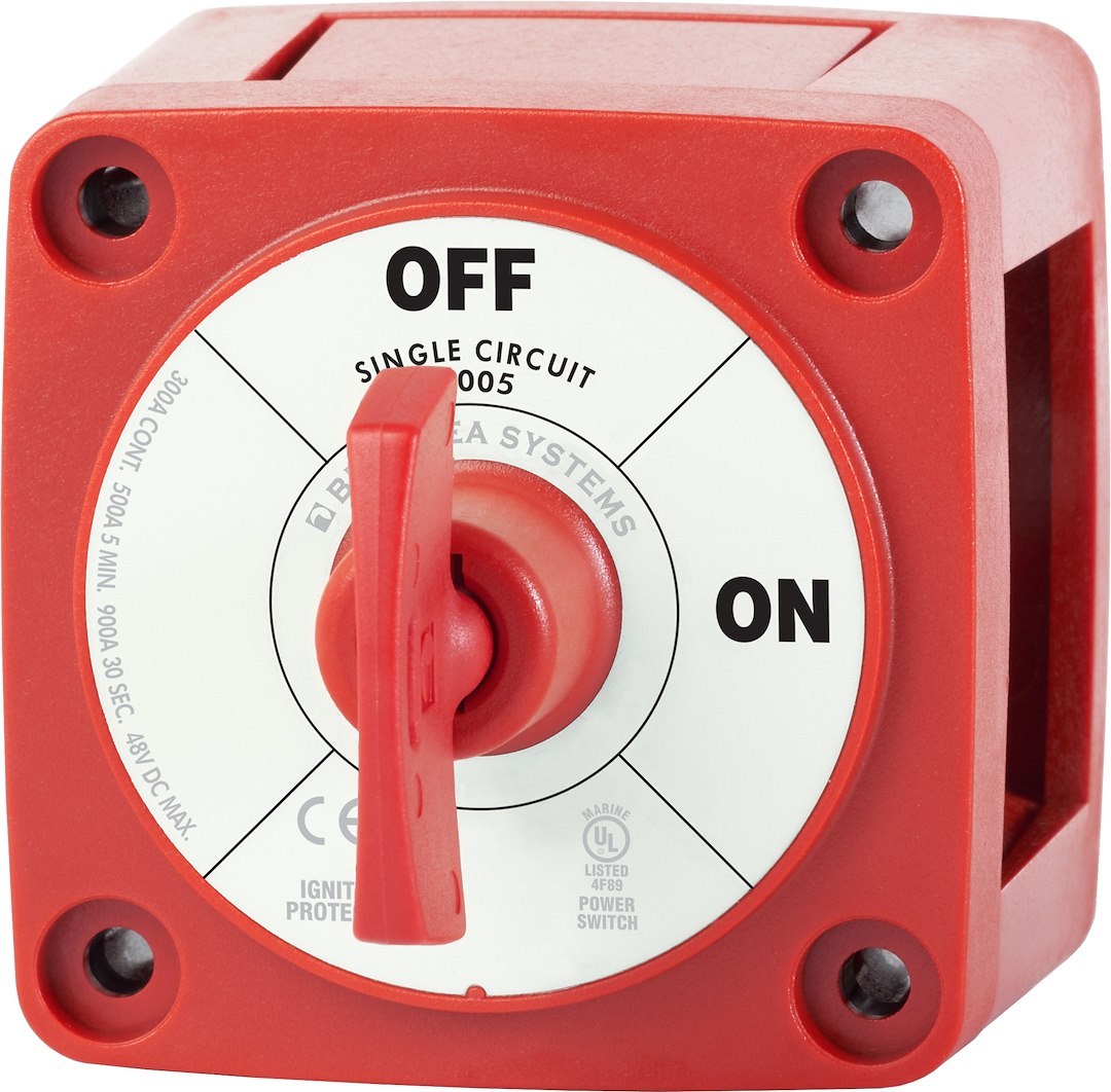 Blue Sea Systems Battery Disconnect Switch, 48 Volts DC, Single Circuit On-Off, 300 Amps, Red, With Key, Isolating Cover – 6005-BSS