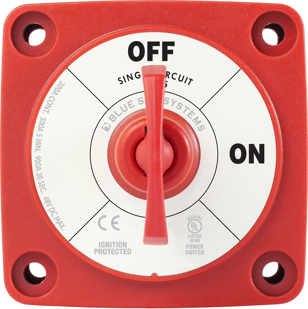 Blue Sea Systems Battery Disconnect Switch, 48 Volts DC, Single Circuit On-Off, 300 Amps, Red, With Key, Isolating Cover – 6005-BSS