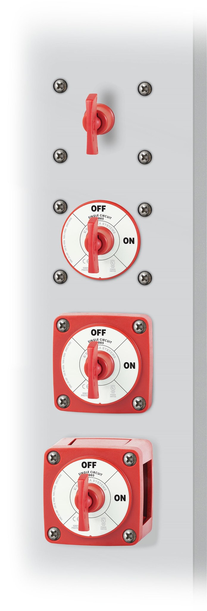 Blue Sea Systems Battery Disconnect Switch, 48 Volts DC, Single Circuit On-Off, 300 Amps, Red, With Key, Isolating Cover – 6005-BSS
