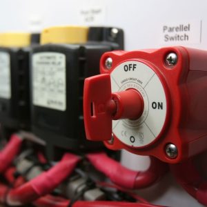 Blue Sea Systems Battery Disconnect Switch, 48 Volts DC, Single Circuit On-Off, 300 Amps, Red, With Key, Isolating Cover – 6005-BSS