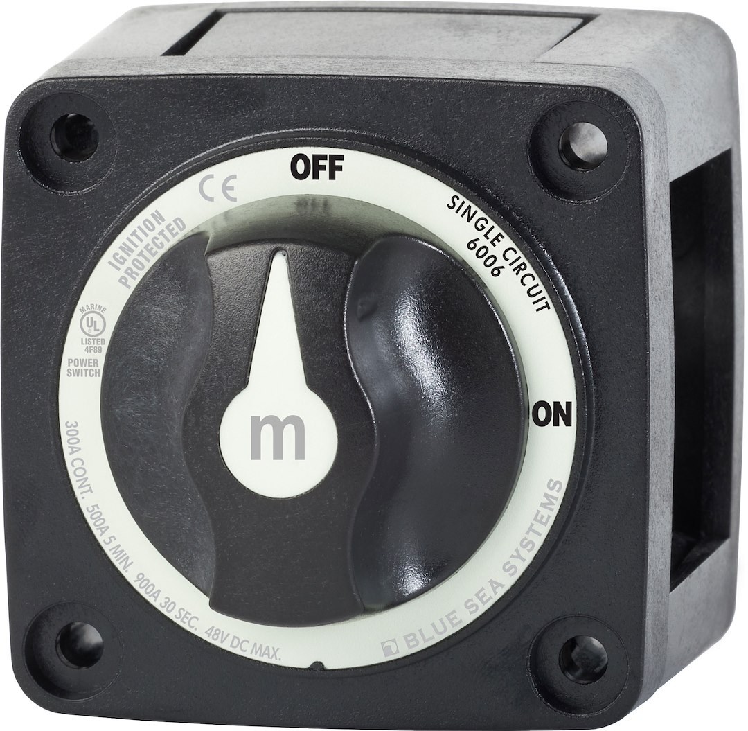 Blue Sea Systems Battery Disconnect Switch, M Series, 48 Volts DC, Single Circuit On-Off, 300 Amps, Black, With Key, Tinned Copper Stud – 6006200-BSS